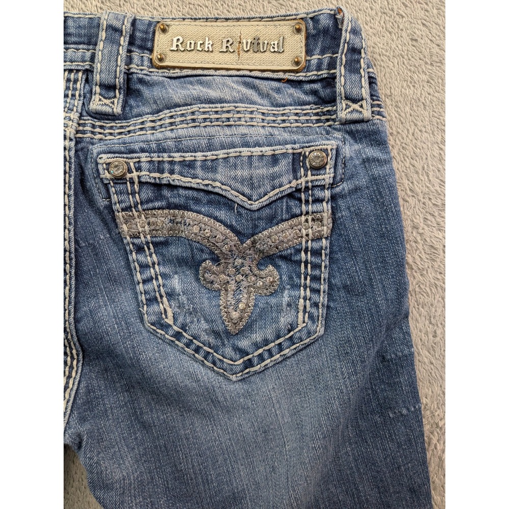 Rock Revival Womens Bootcut Distressed Jeans Medium Wash Sequin Pockets Size 26